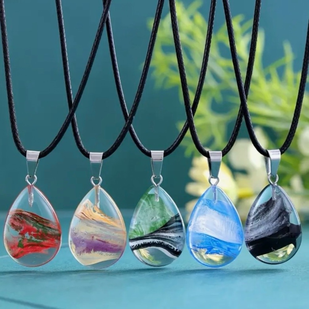 ⭐️ 5 for $25 Glass Crystal Water Droplet Pendant Necklace on a Black Cord - Picture 6 of 9
